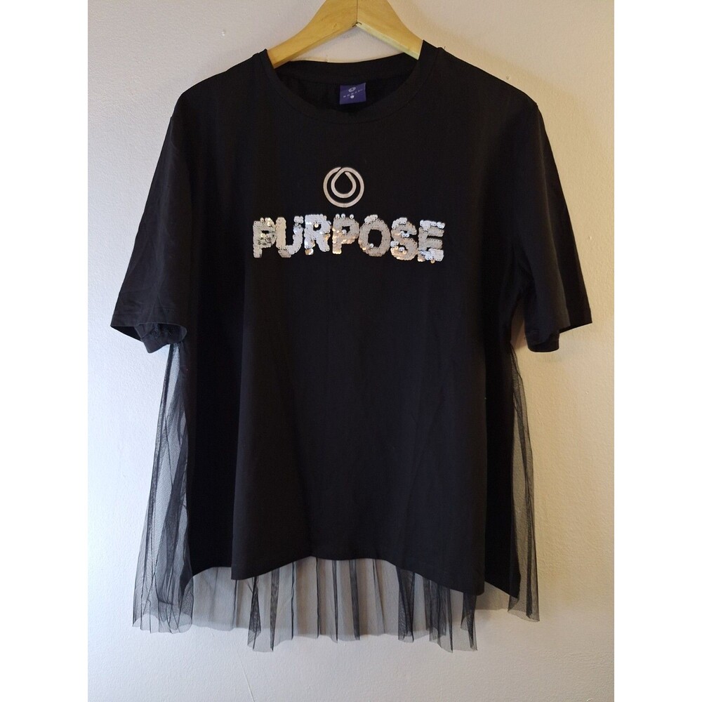 MONAT Black Chiffon Black Baby Doll Sequin T Shirt Women's L Festival Concert